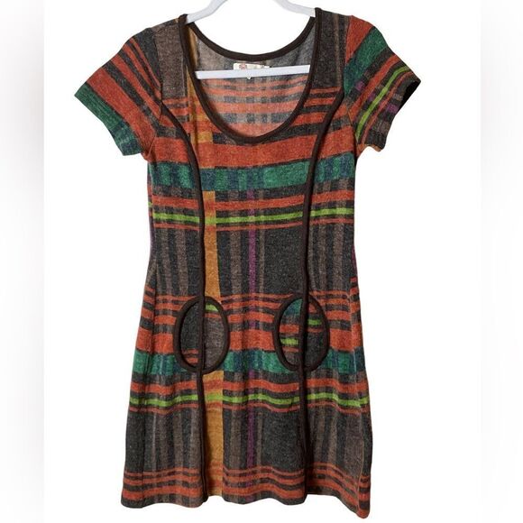 Aryeh Anthropologie Wm’s Sz Sm Plaid A Line Short Sleeve Knit Sweater Dress - Picture 1 of 7